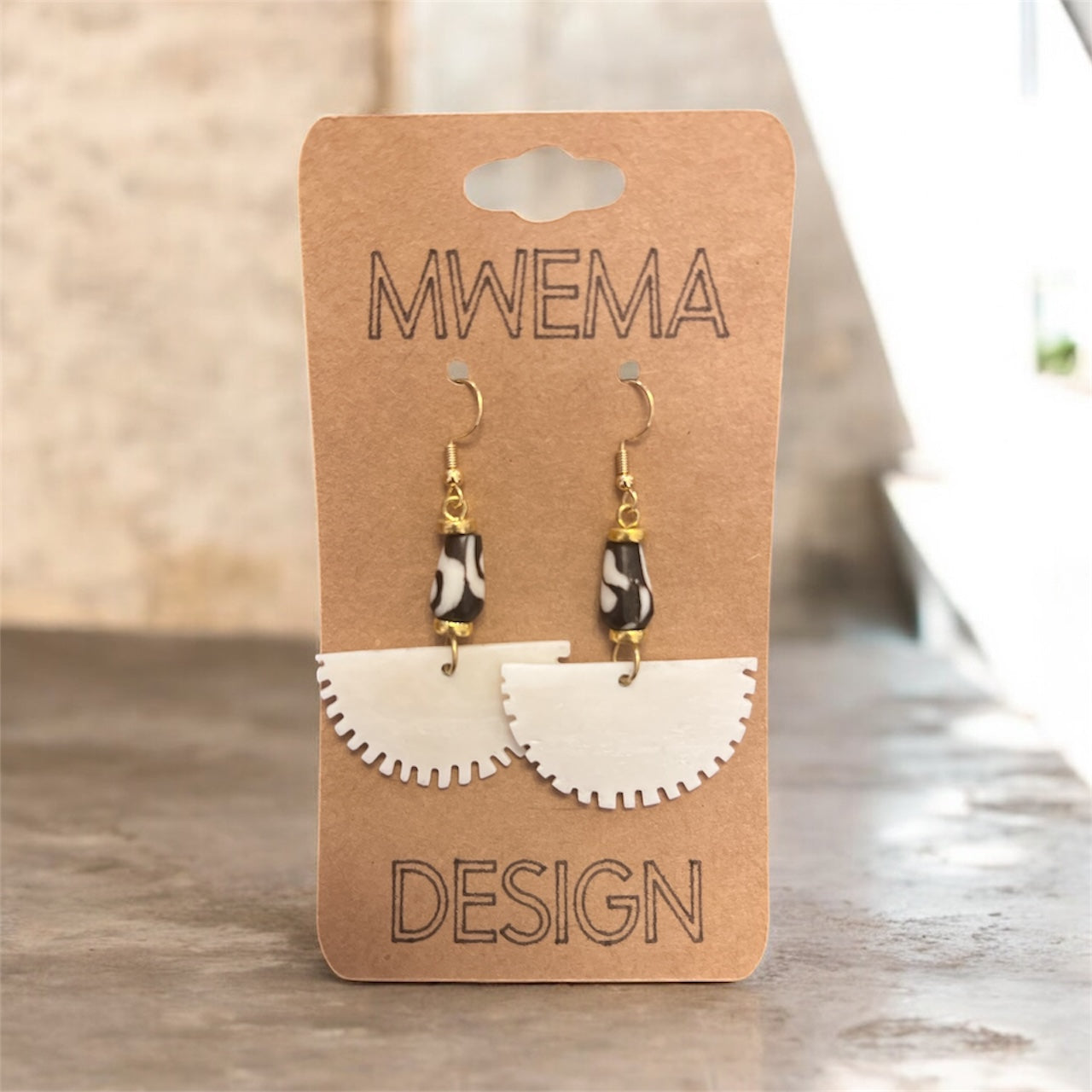 Sawtooth Half-Circle Zebra Earrings – Geometric Wood Design