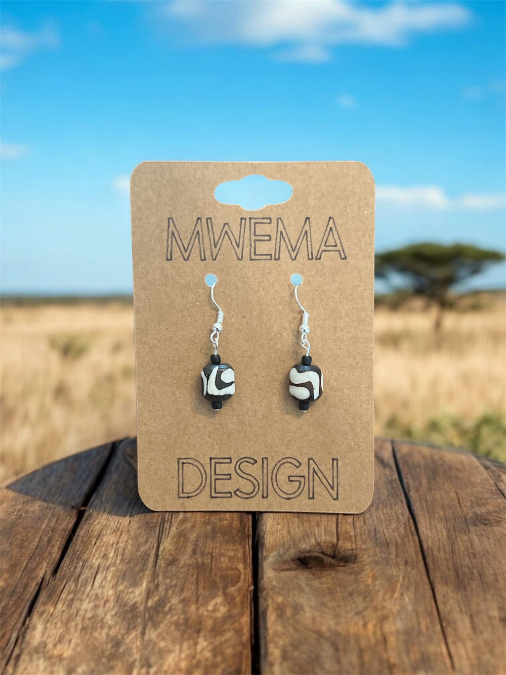 Savanna Rhythm Beaded Earrings Silver – Black & White Zebra Beads