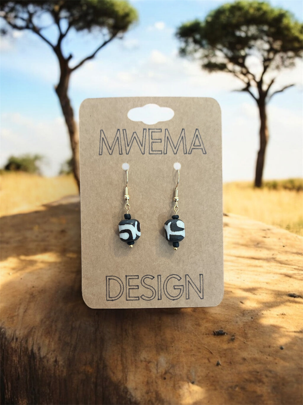 Savanna Rhythm Beaded Earrings Gold – Black & White Zebra Beads